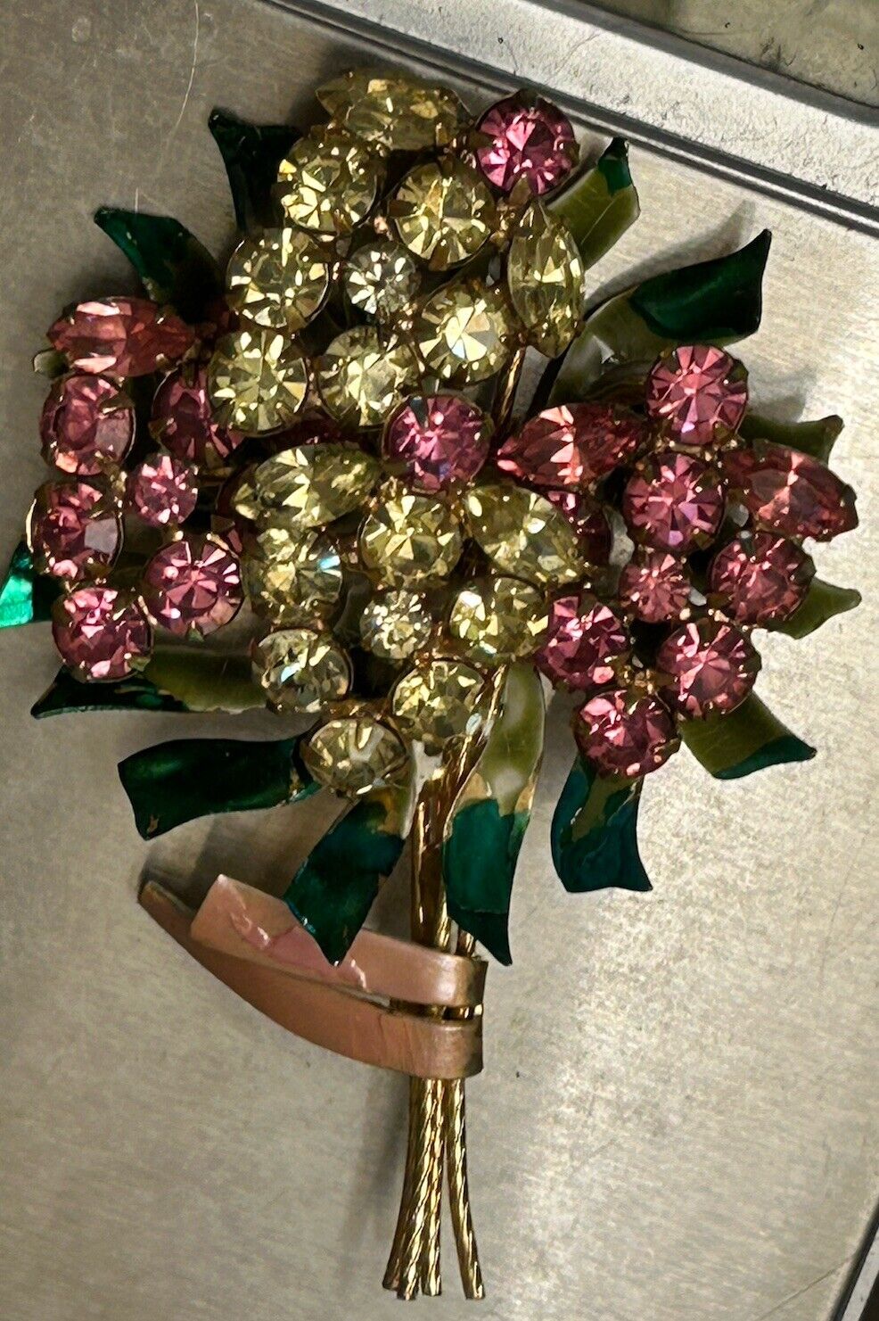 Vintage Vendome Enamel Rhinestone Flower Brooch Huge Crystal Bouquet Pin 3.5”x2” - Vintage Jewelry Collective