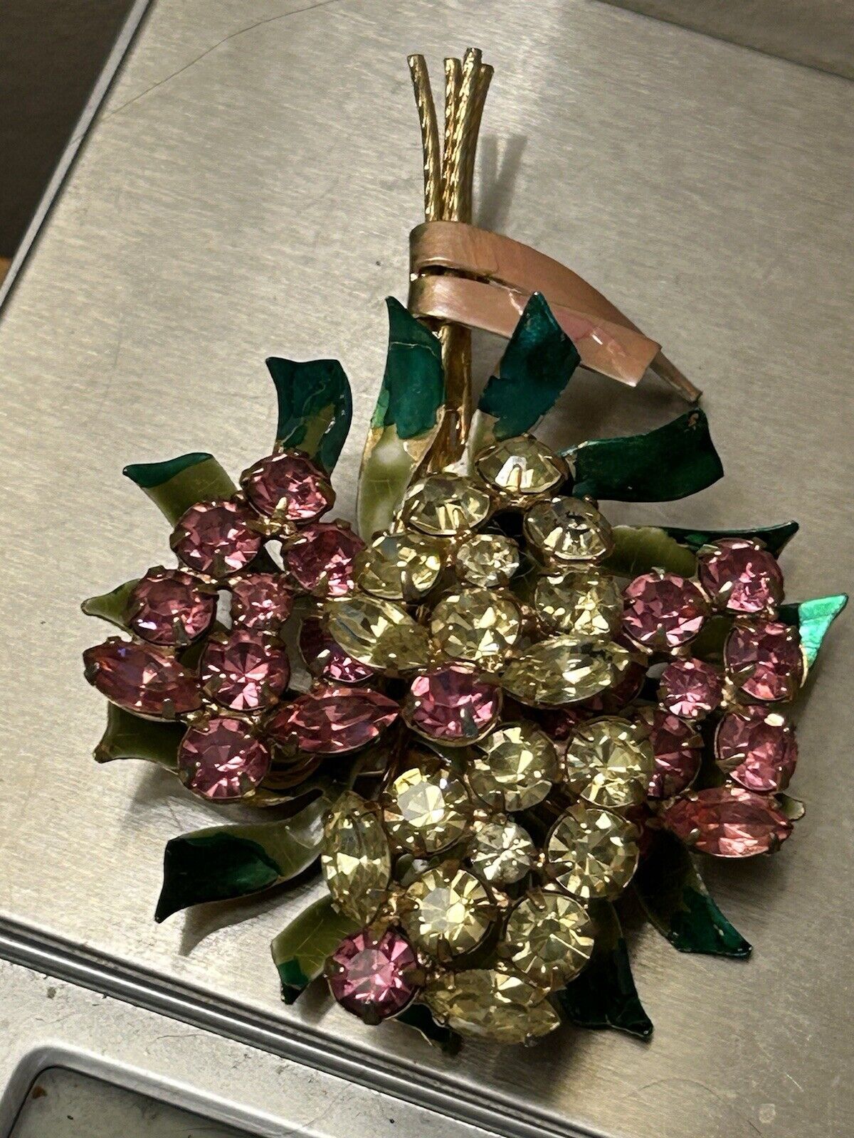 Vintage Vendome Enamel Rhinestone Flower Brooch Huge Crystal Bouquet Pin 3.5”x2” - Vintage Jewelry Collective