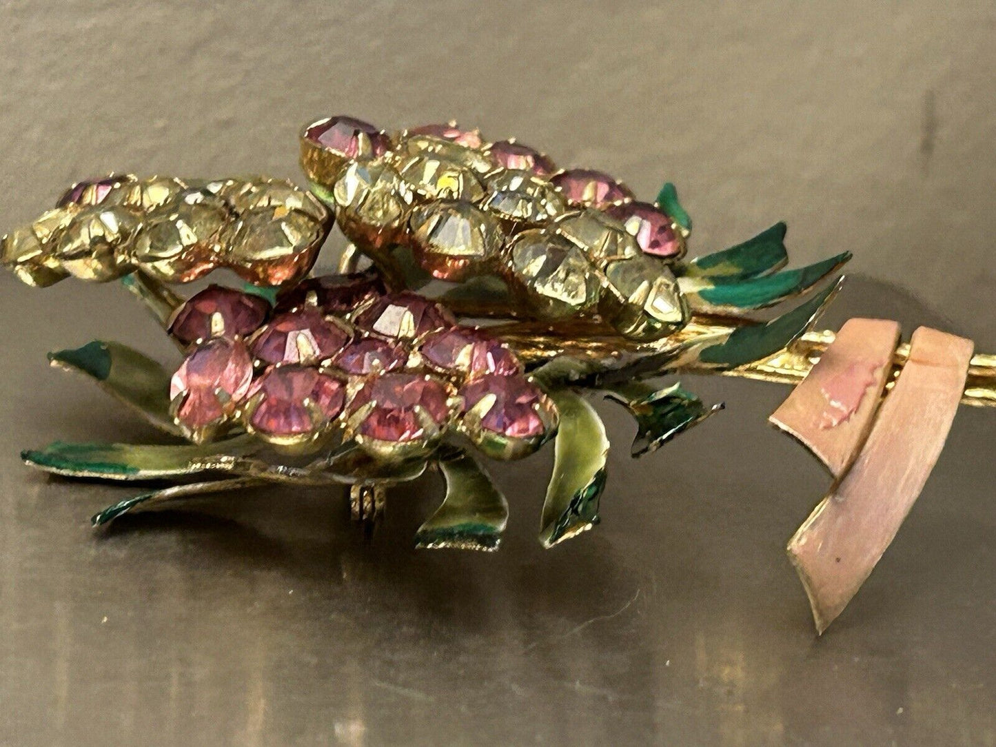 Vintage Vendome Enamel Rhinestone Flower Brooch Huge Crystal Bouquet Pin 3.5”x2” - Vintage Jewelry Collective