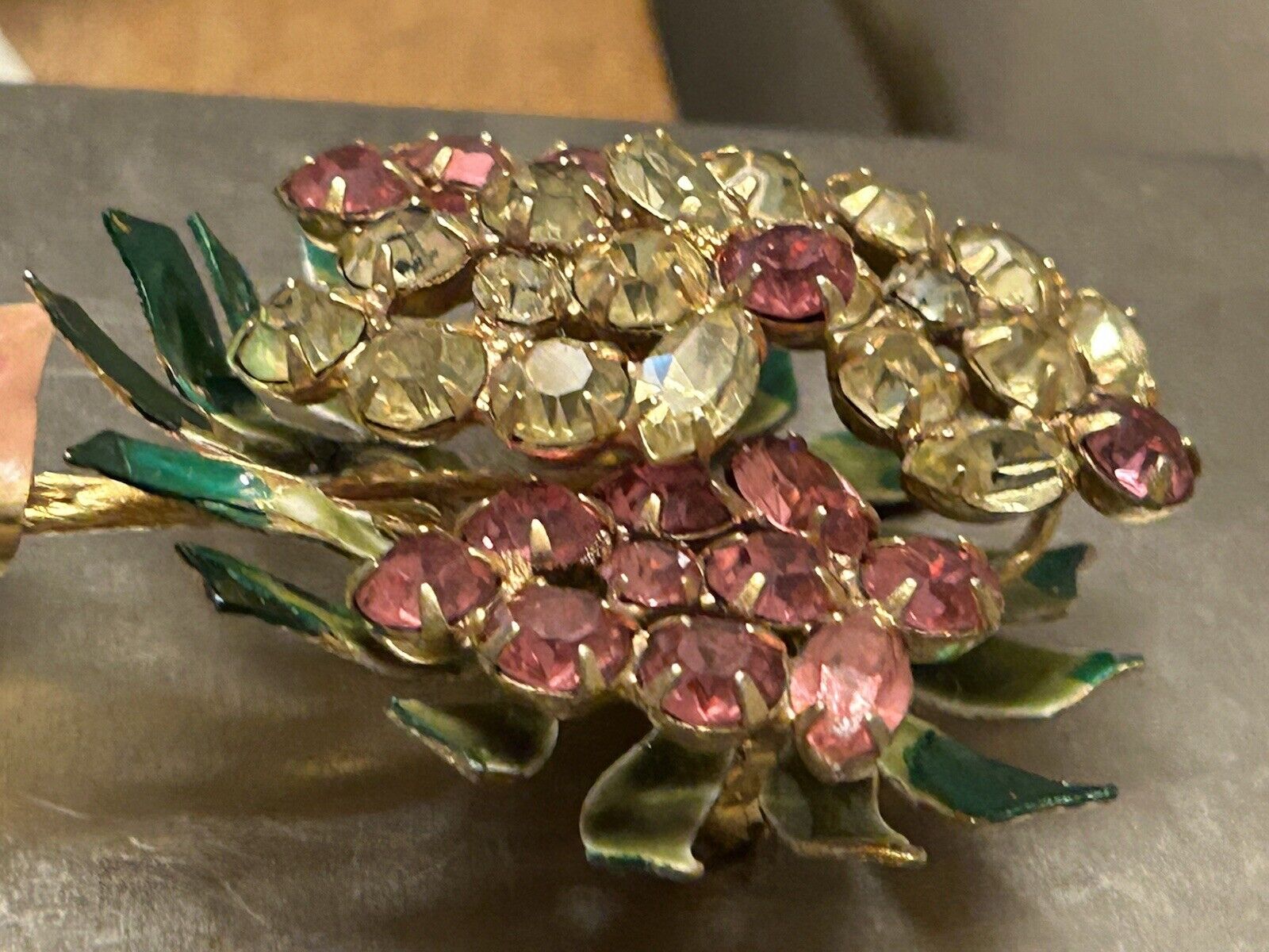 Vintage Vendome Enamel Rhinestone Flower Brooch Huge Crystal Bouquet Pin 3.5”x2” - Vintage Jewelry Collective