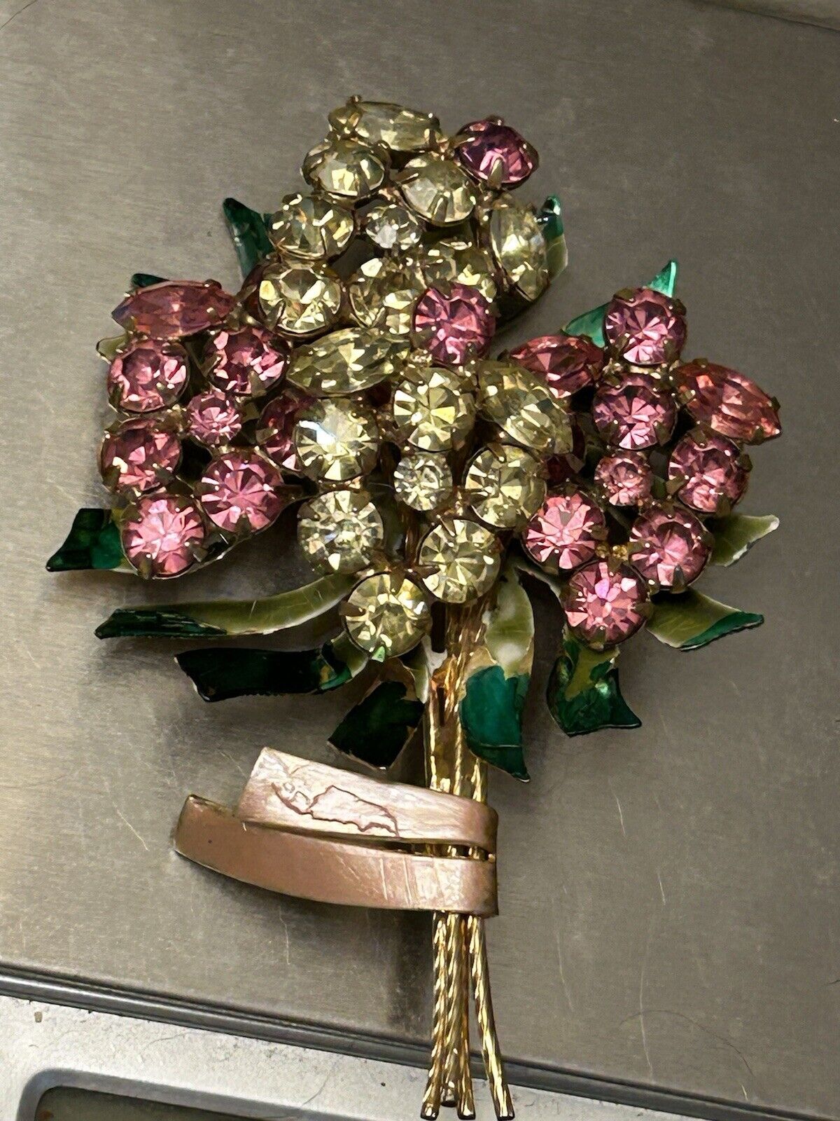 Vintage Vendome Enamel Rhinestone Flower Brooch Huge Crystal Bouquet Pin 3.5”x2” - Vintage Jewelry Collective