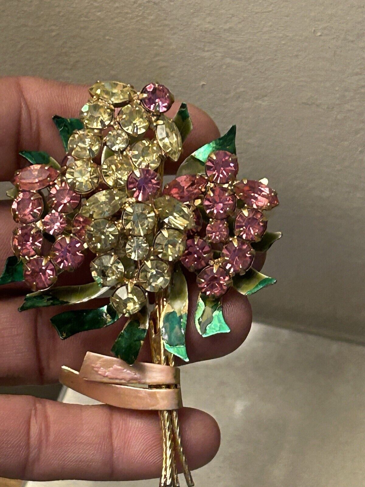 Vintage Vendome Enamel Rhinestone Flower Brooch Huge Crystal Bouquet Pin 3.5”x2” - Vintage Jewelry Collective