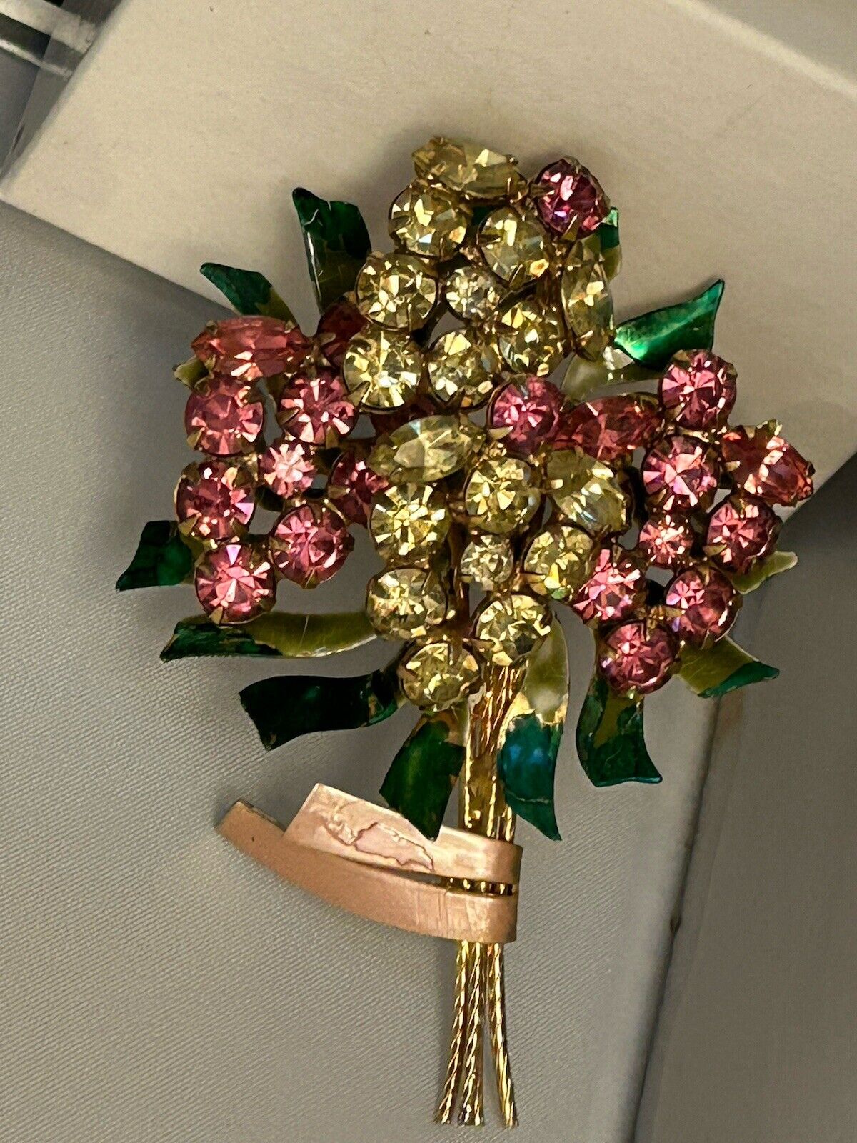 Vintage Vendome Enamel Rhinestone Flower Brooch Huge Crystal Bouquet Pin 3.5”x2” - Vintage Jewelry Collective