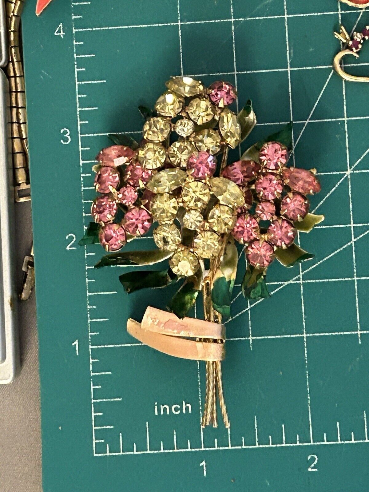 Vintage Vendome Enamel Rhinestone Flower Brooch Huge Crystal Bouquet Pin 3.5”x2” - Vintage Jewelry Collective