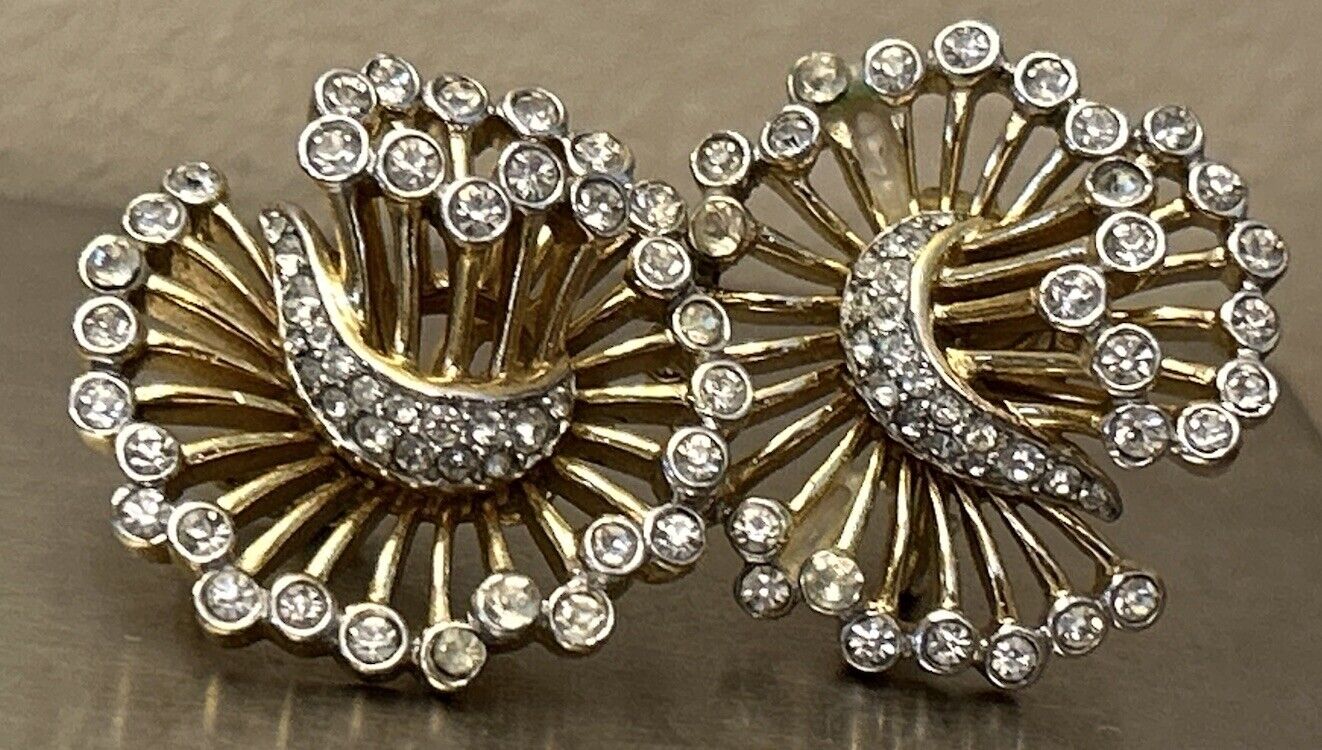 Rare Vintage Trifari Earrings Philippe Rhinestone Flower - Vintage Jewelry Collective