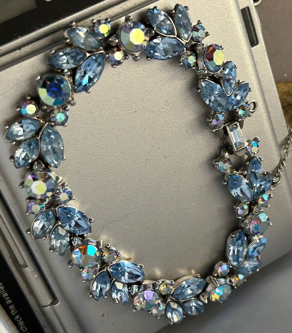 Vintage 1961 Trifari Bracelet Blue Aurora Borealis Crystal Rhinestone “Radiance” - Vintage Jewelry Collective