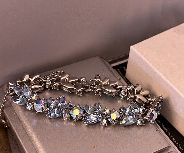 Vintage 1961 Trifari Bracelet Blue Aurora Borealis Crystal Rhinestone “Radiance” - Vintage Jewelry Collective