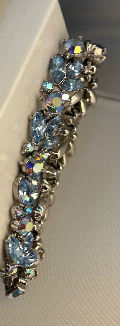 Vintage 1961 Trifari Bracelet Blue Aurora Borealis Crystal Rhinestone “Radiance” - Vintage Jewelry Collective