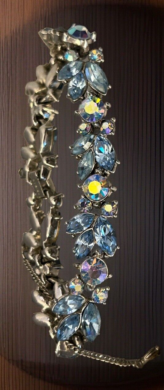 Vintage 1961 Trifari Bracelet Blue Aurora Borealis Crystal Rhinestone “Radiance” - Vintage Jewelry Collective