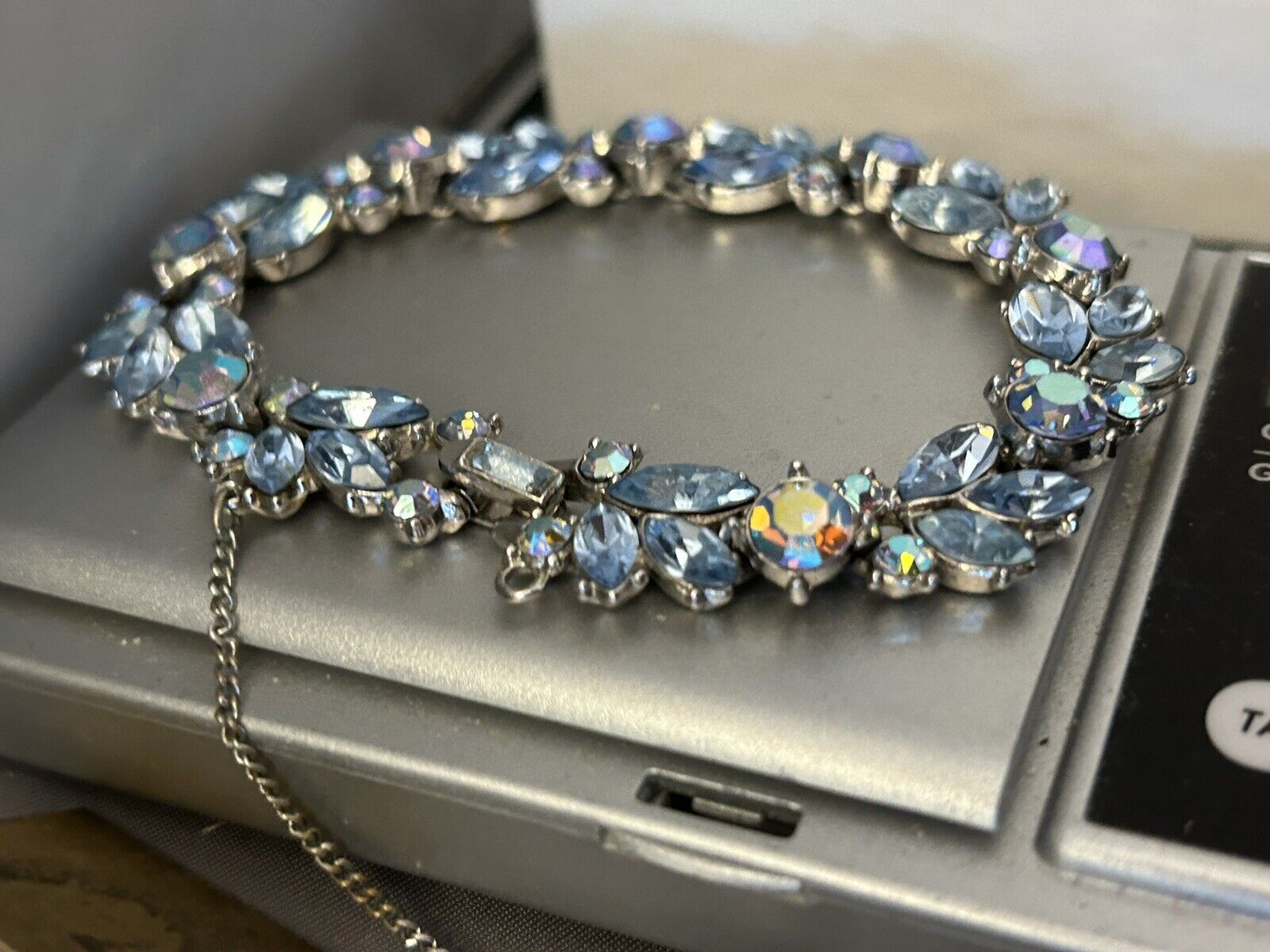 Vintage 1961 Trifari Bracelet Blue Aurora Borealis Crystal Rhinestone “Radiance” - Vintage Jewelry Collective