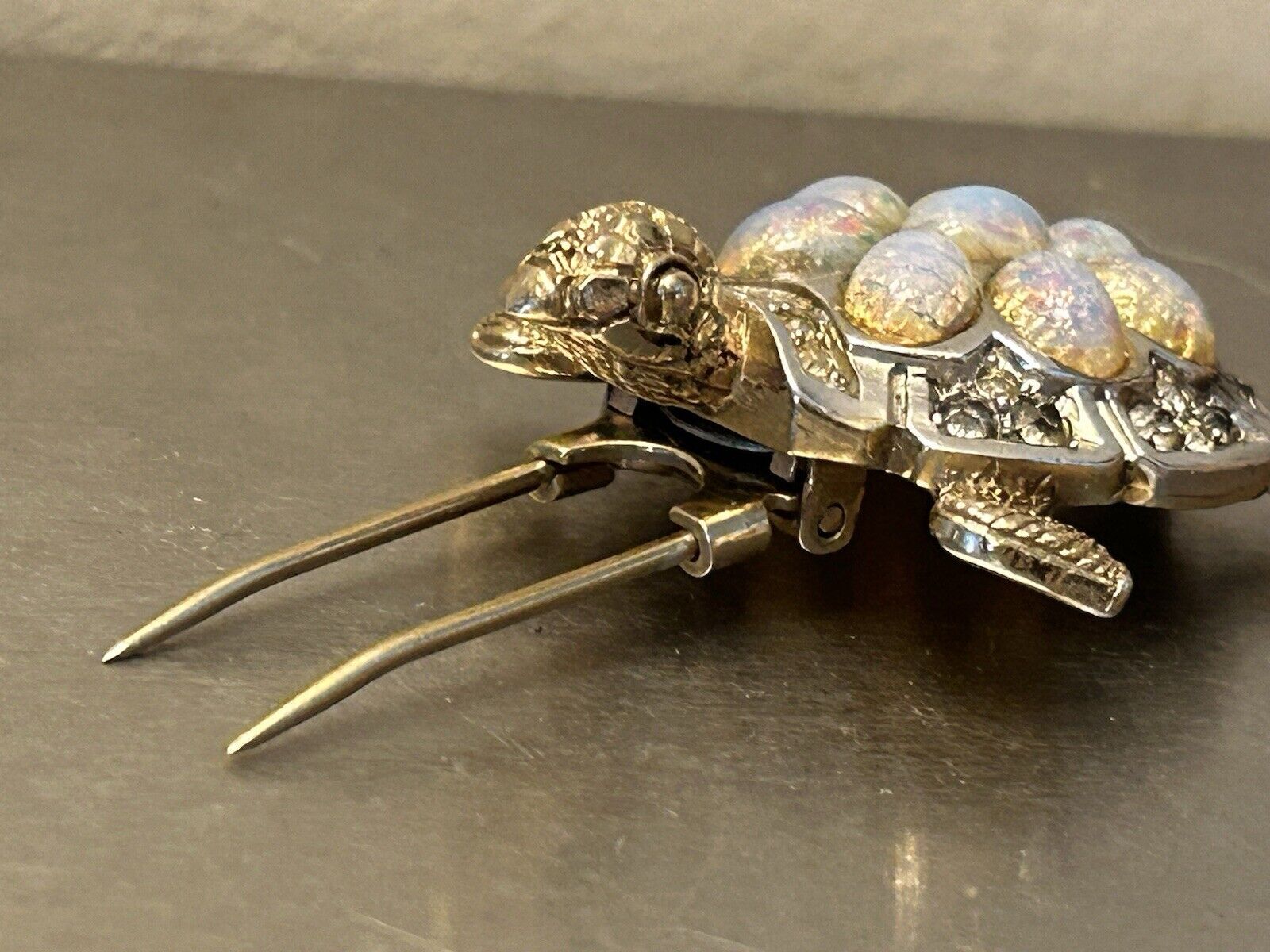 Vintage MARCEL BOUCHER Turtle Fur Clip Brooch Opal Art Glass Jelly Belly 1940s - Vintage Jewelry Collective