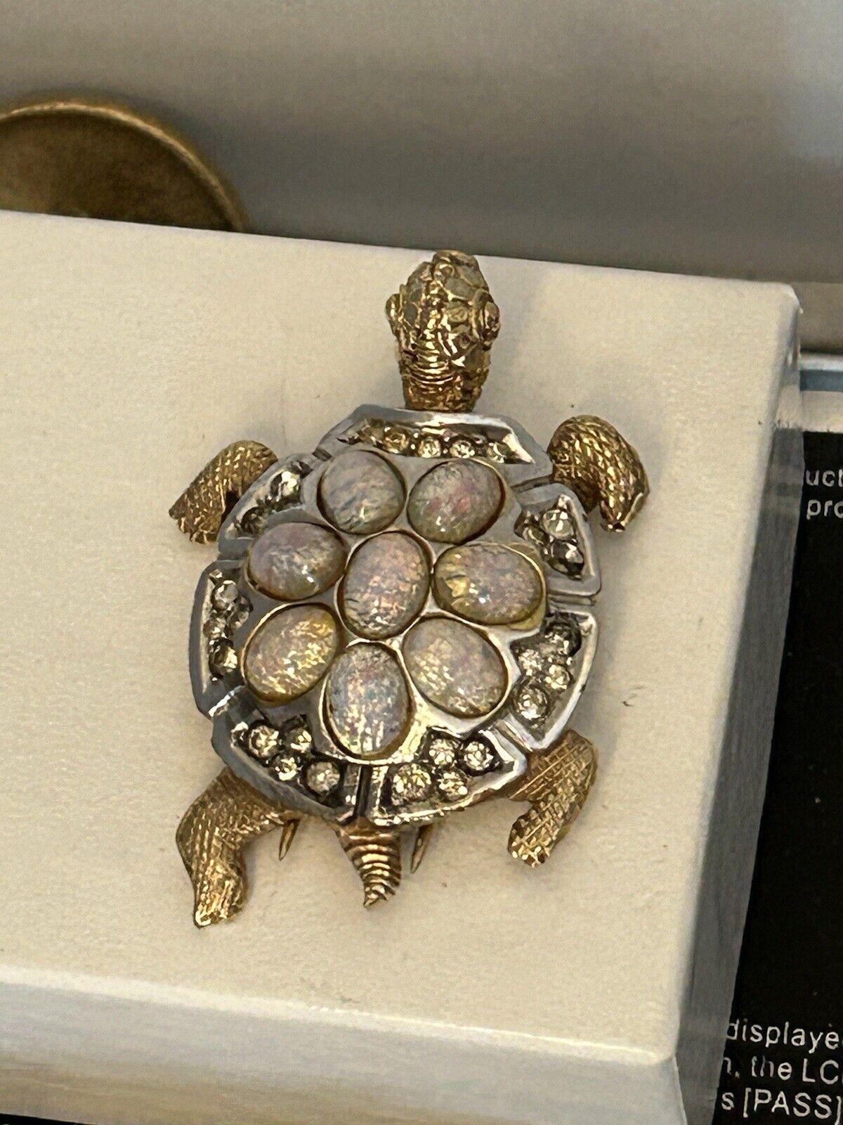 Vintage MARCEL BOUCHER Turtle Fur Clip Brooch Opal Art Glass Jelly Belly 1940s - Vintage Jewelry Collective