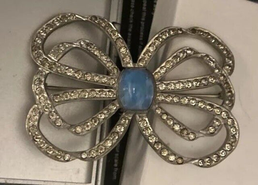 Vintage 1930s Bow Rhinestone Brooch Pin Paste Star Blue Glass Art Deco KTF - Vintage Jewelry Collective