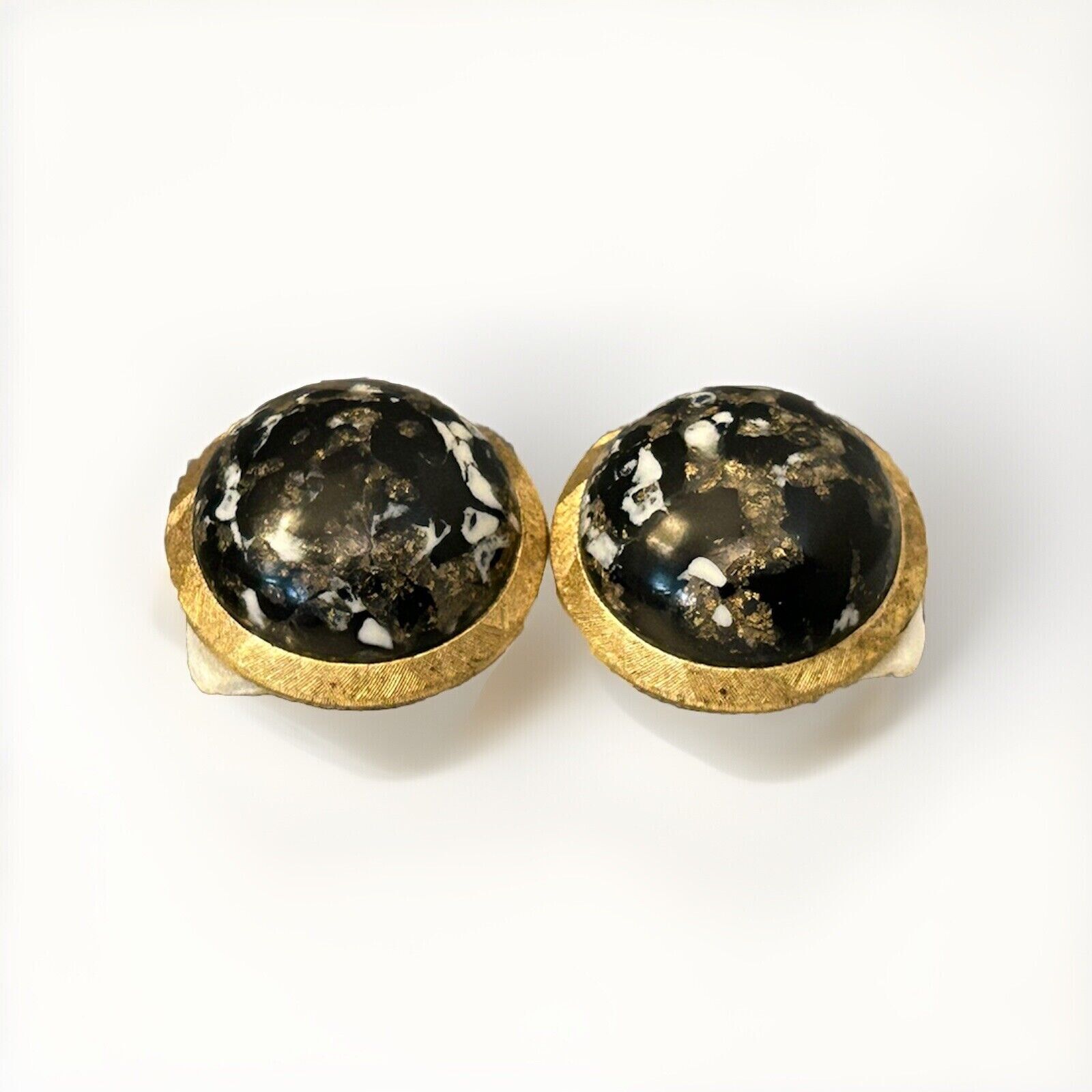 Vintage Crown Trifari Earrings Rhinestone Black Glass Cabochon Copper White Spec - Vintage Jewelry Collective