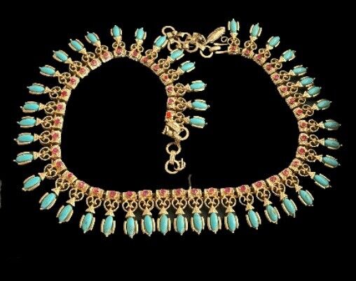 Vintage Vendome Necklace Gold Etruscan Revival Bib Turquoise Ruby Glass Mogul - Vintage Jewelry Collective