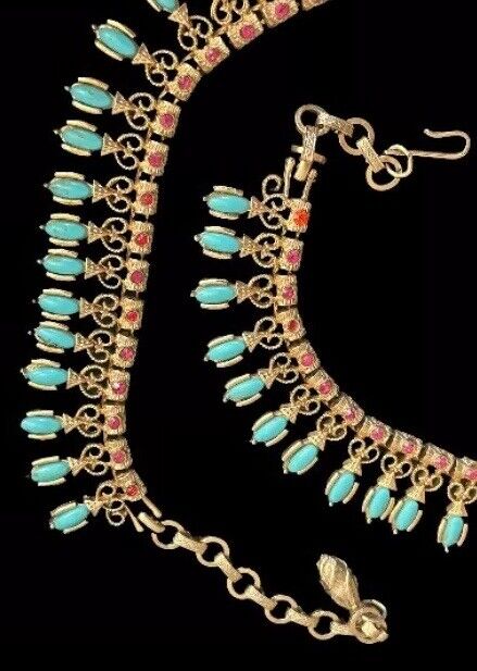 Vintage Vendome Necklace Gold Etruscan Revival Bib Turquoise Ruby Glass Mogul - Vintage Jewelry Collective