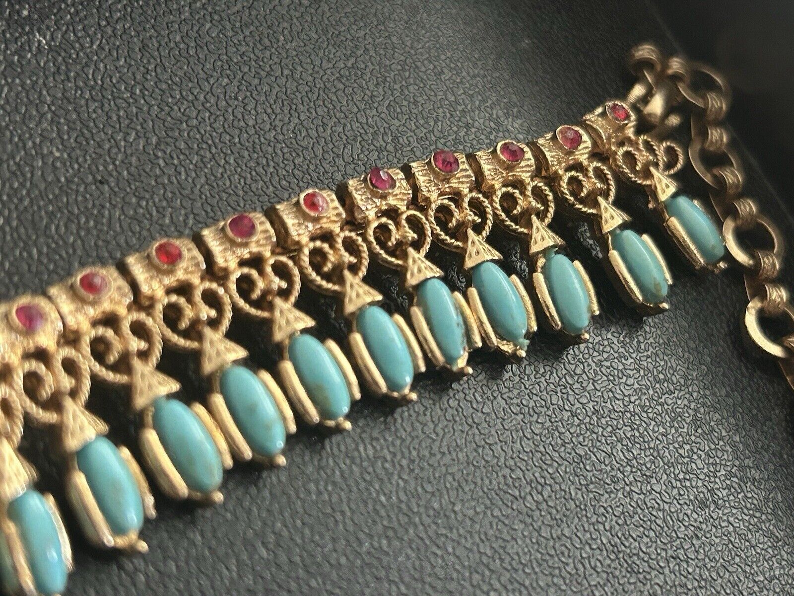 Vintage Vendome Necklace Gold Etruscan Revival Bib Turquoise Ruby Glass Mogul - Vintage Jewelry Collective