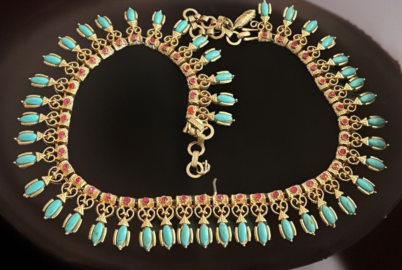 Vintage Vendome Necklace Gold Etruscan Revival Bib Turquoise Ruby Glass Mogul - Vintage Jewelry Collective