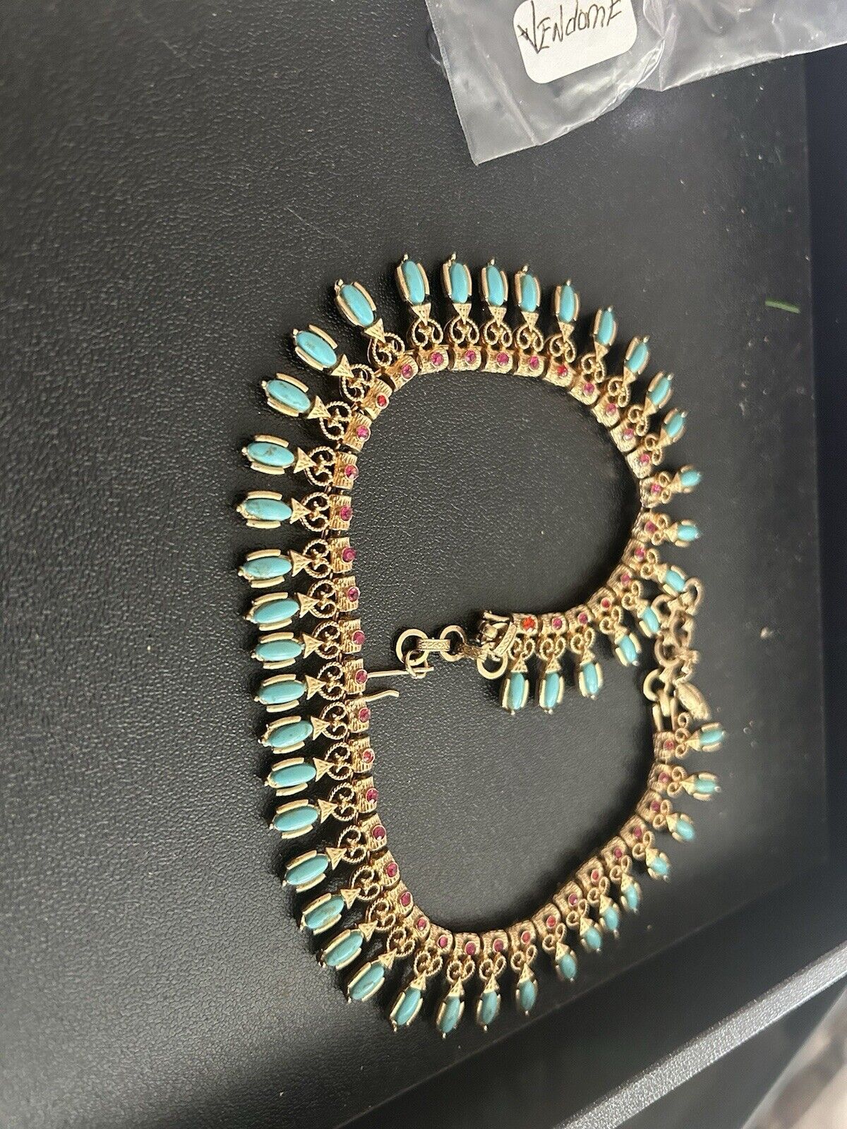 Vintage Vendome Necklace Gold Etruscan Revival Bib Turquoise Ruby Glass Mogul - Vintage Jewelry Collective