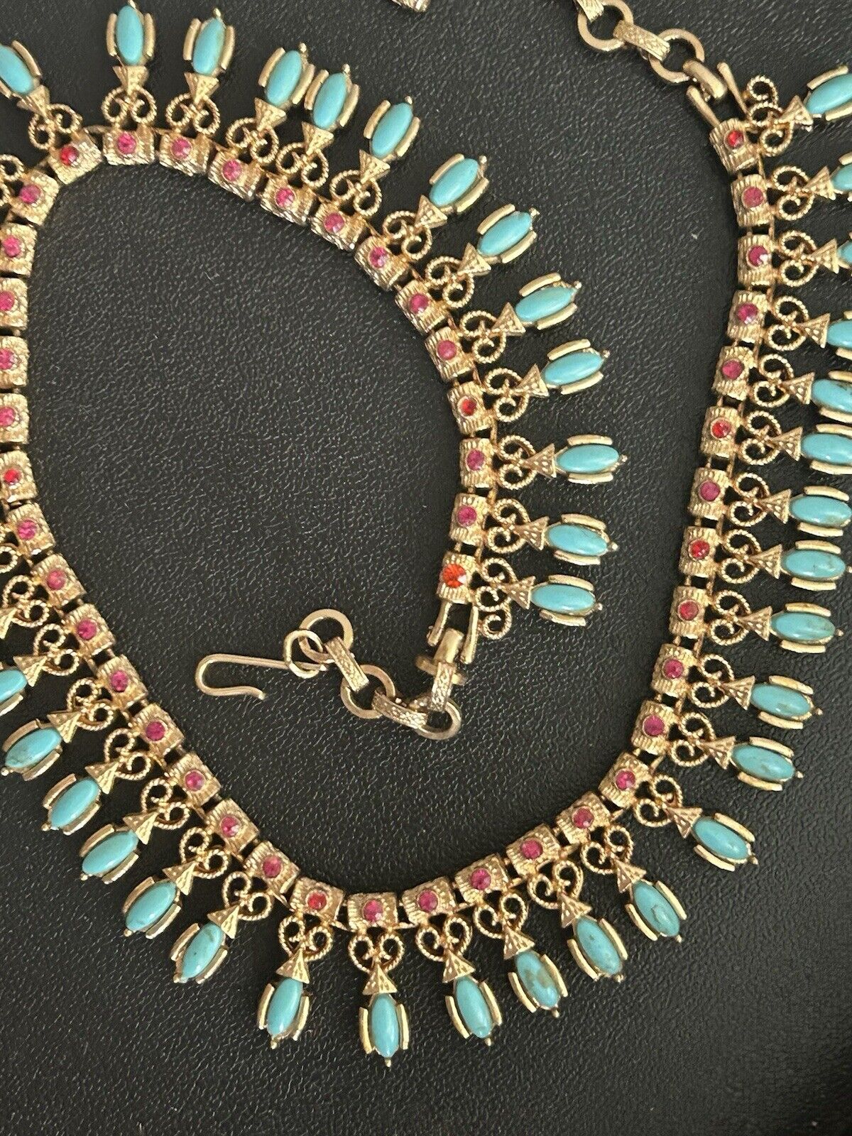 Vintage Vendome Necklace Gold Etruscan Revival Bib Turquoise Ruby Glass Mogul - Vintage Jewelry Collective