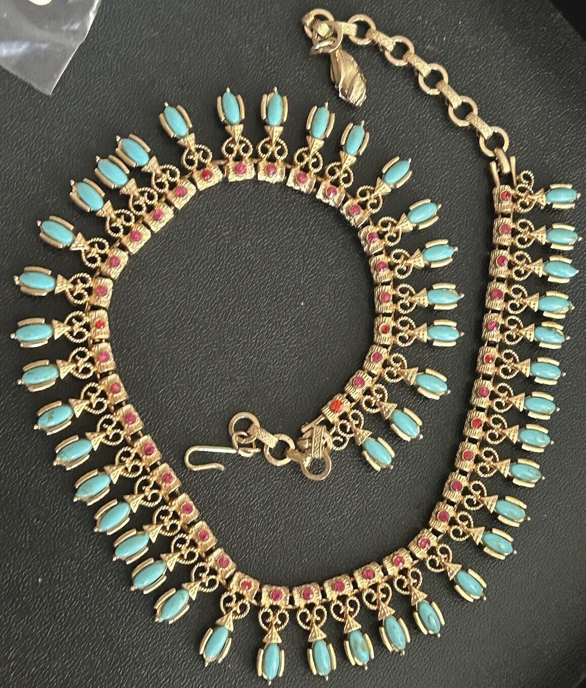 Vintage Vendome Necklace Gold Etruscan Revival Bib Turquoise Ruby Glass Mogul - Vintage Jewelry Collective