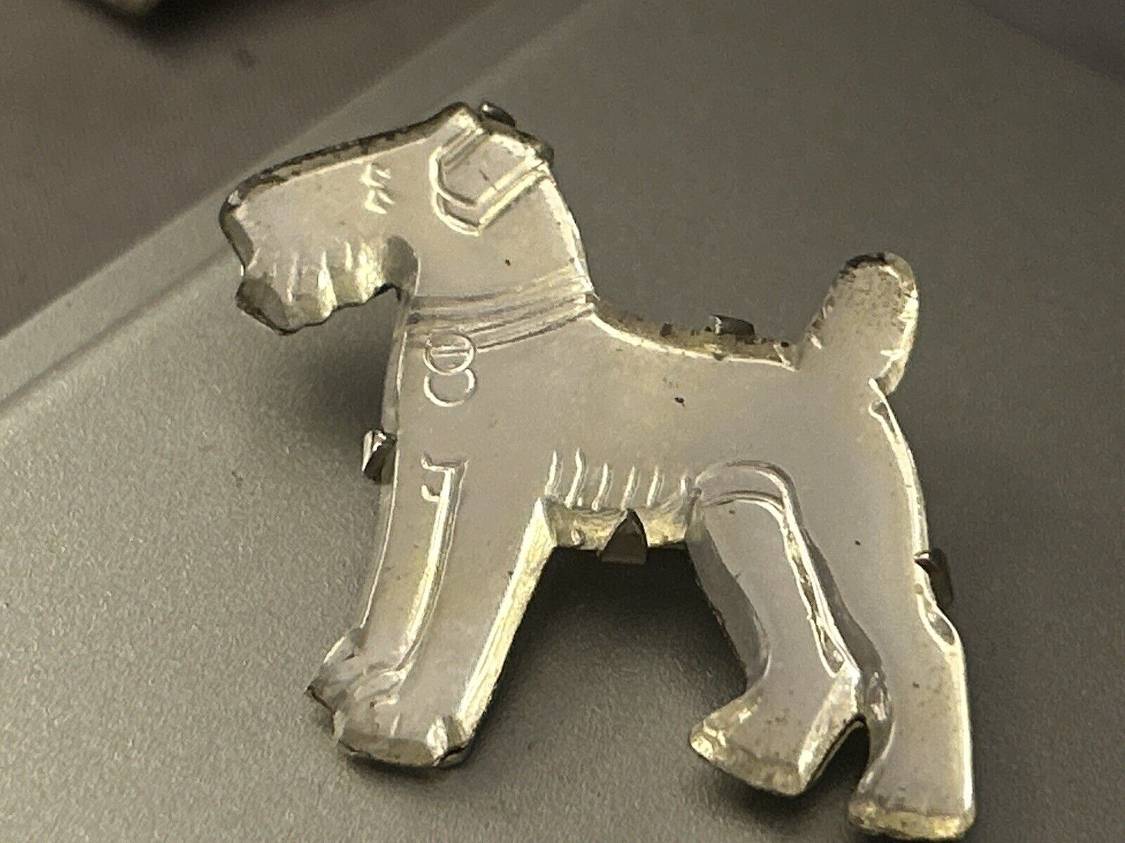 Art Deco Carved Glass Mirror Terrier Dog Brooch Pin Unique Early C Clasp 1930s - Vintage Jewelry Collective