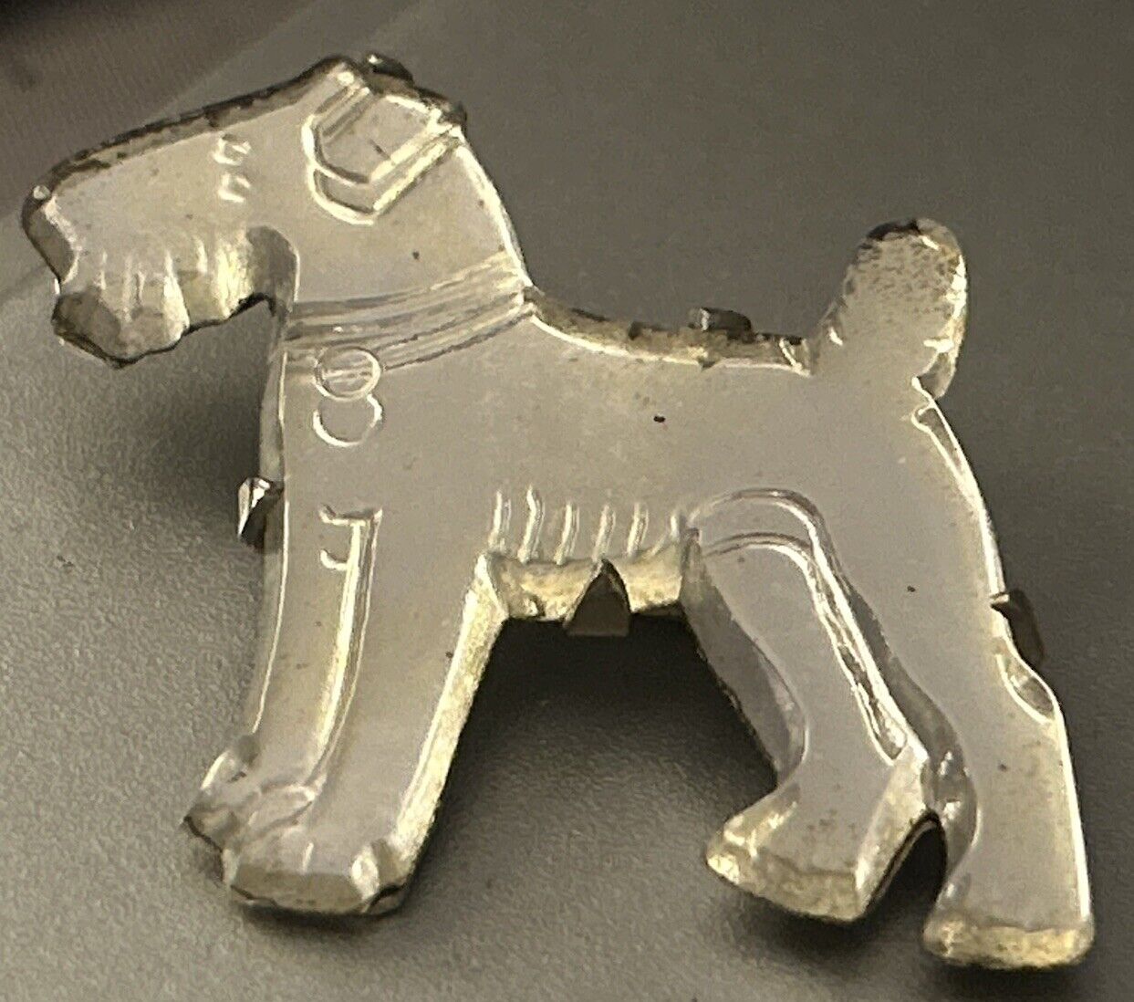 Art Deco Carved Glass Mirror Terrier Dog Brooch Pin Unique Early C Clasp 1930s - Vintage Jewelry Collective