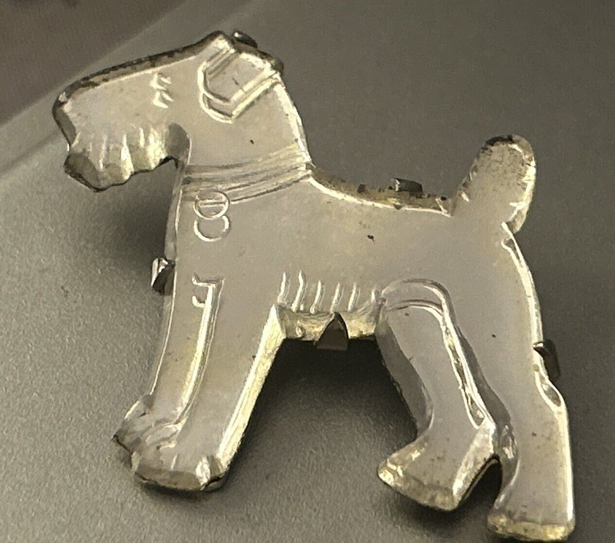 Art Deco Carved Glass Mirror Terrier Dog Brooch Pin Unique Early C Clasp 1930s - Vintage Jewelry Collective