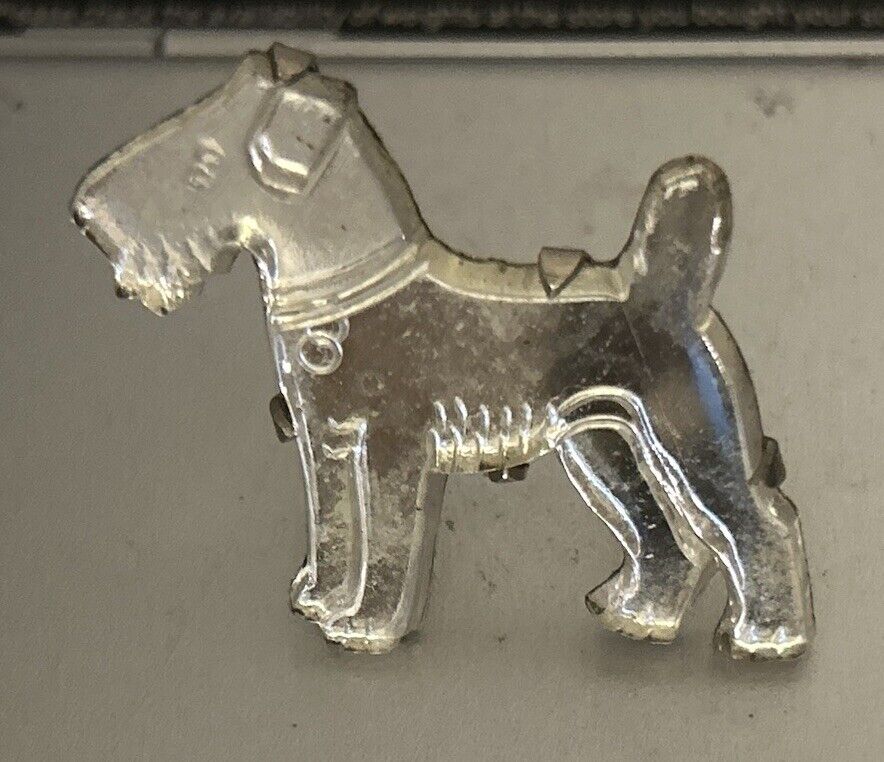 Art Deco Carved Glass Mirror Terrier Dog Brooch Pin Unique Early C Clasp 1930s - Vintage Jewelry Collective