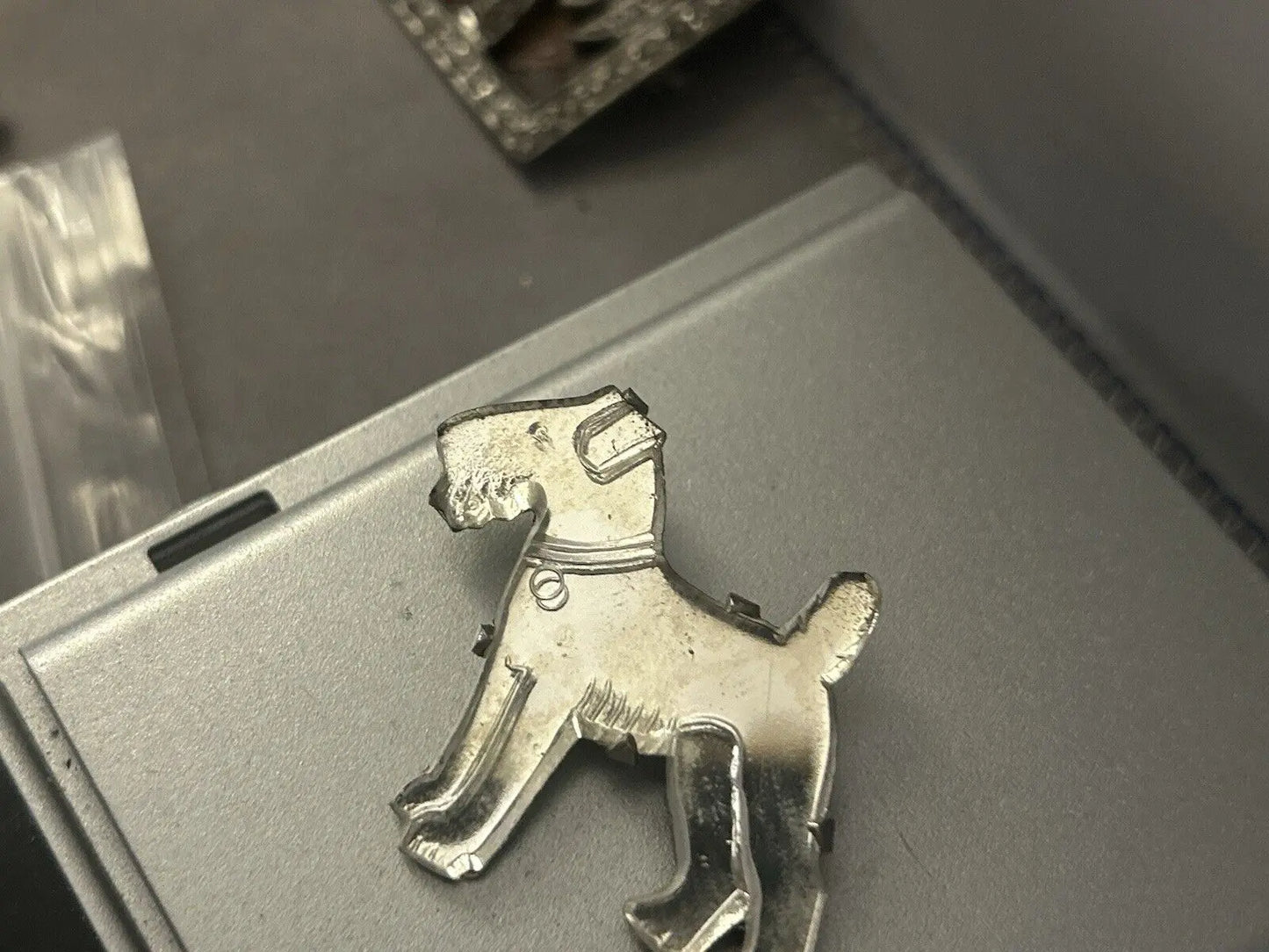 Art Deco Carved Glass Mirror Terrier Dog Brooch Pin Unique Early C Clasp 1930s - Vintage Jewelry Collective