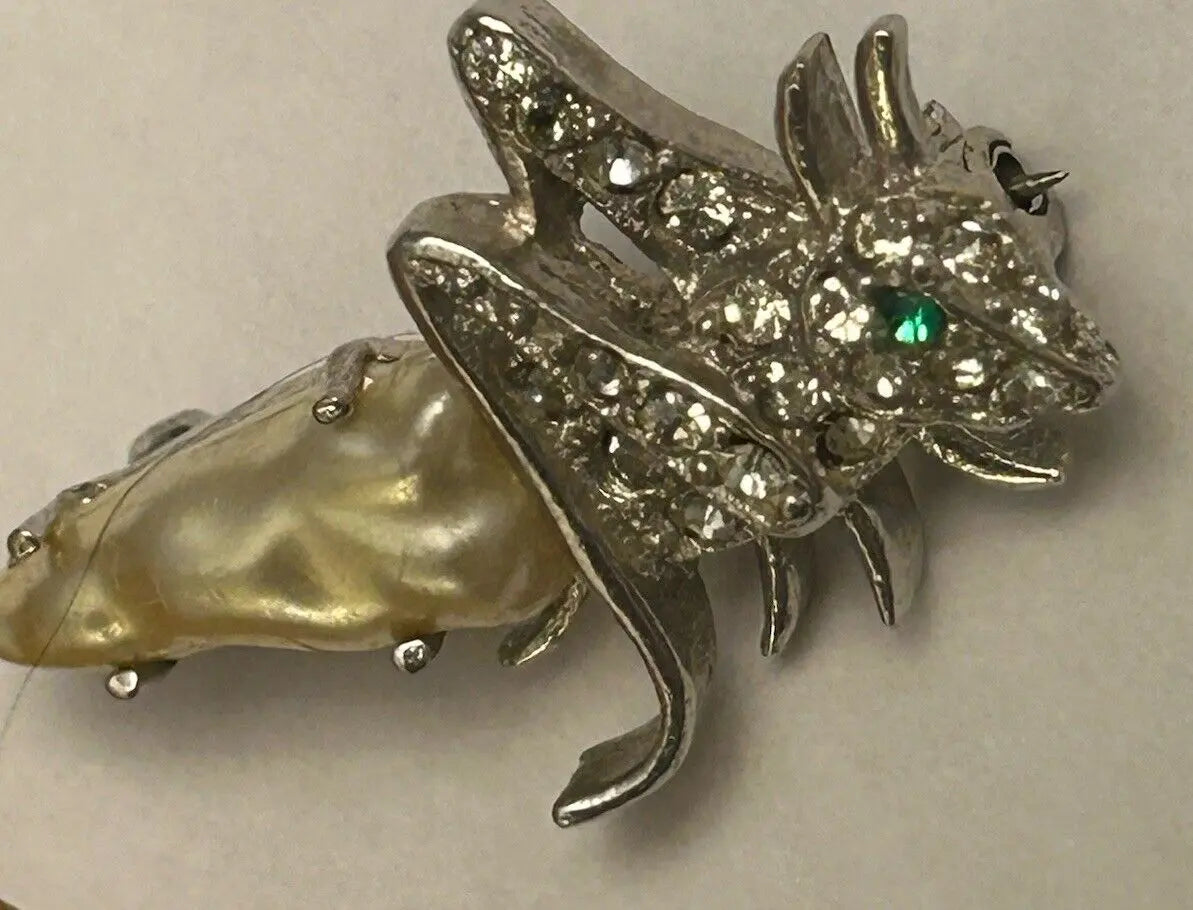 RARE Vintage Crown Trifari Pearl Belly Grasshopper Cricket Pin Rhinestone Brooch - Vintage Jewelry Collective