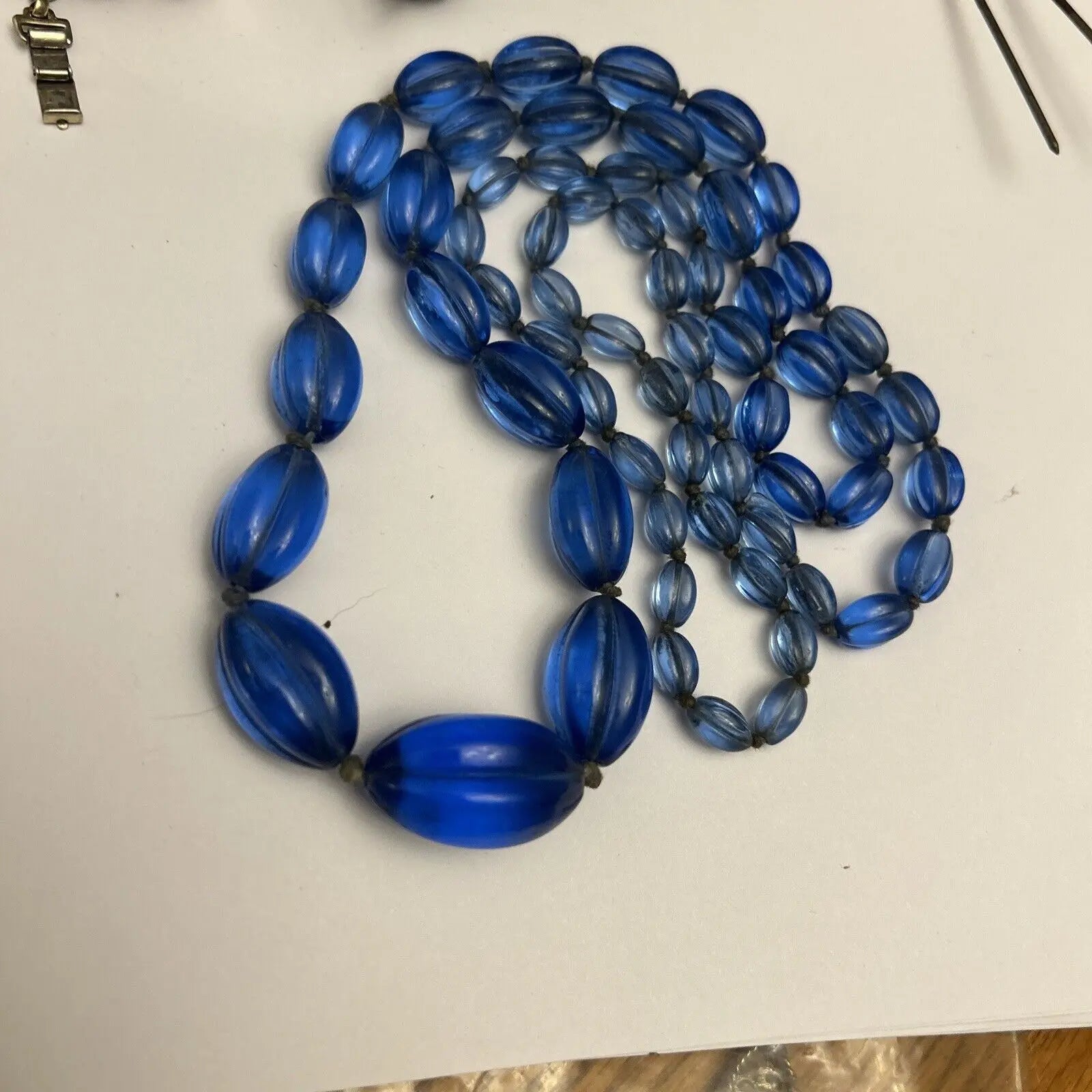 Art Deco Ribbed Glass Gripoix Cobalt Blue Graduated Faceted Beads Maybe French - Vintage Jewelry Collective