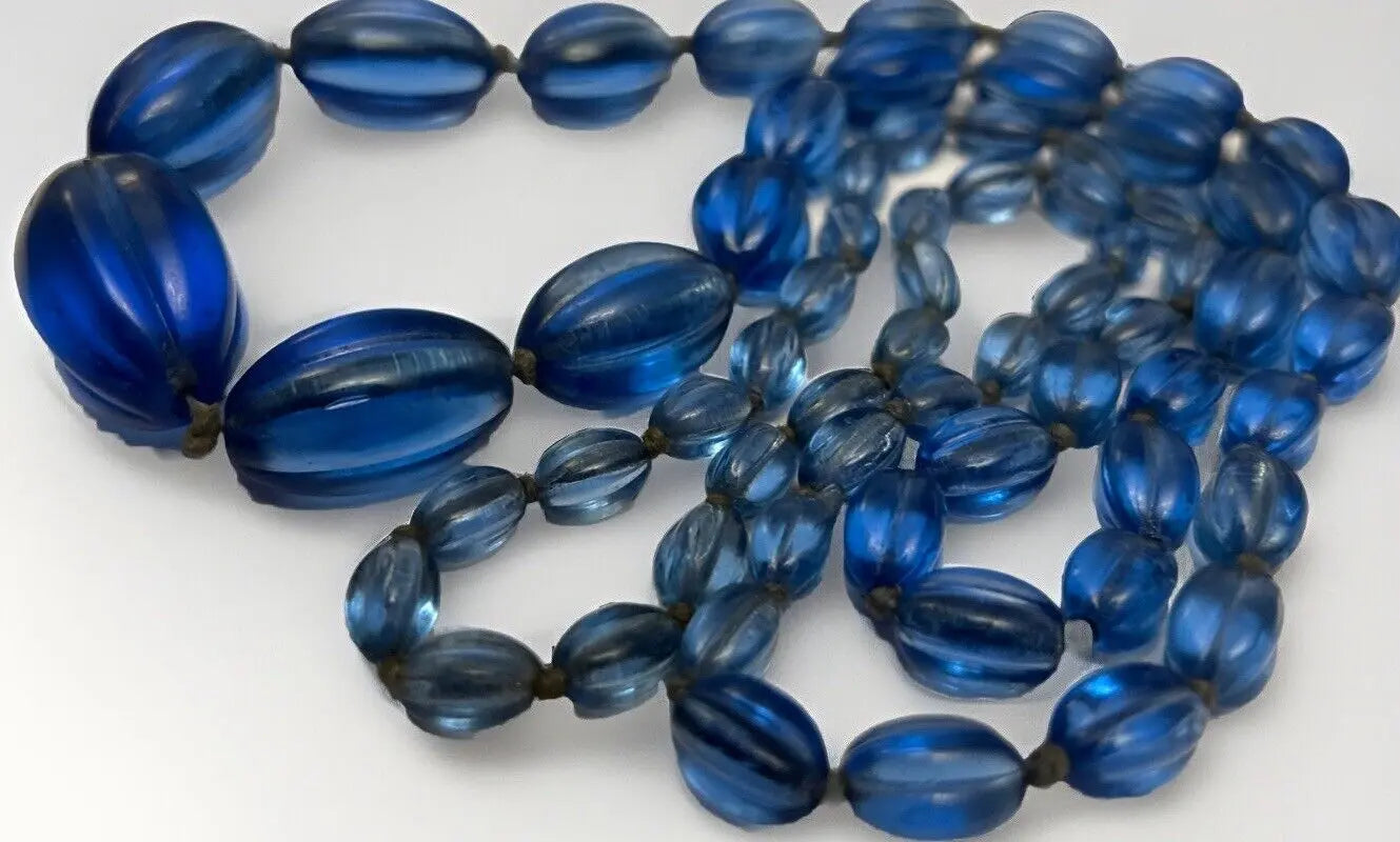 Art Deco Ribbed Glass Gripoix Cobalt Blue Graduated Faceted Beads Maybe French - Vintage Jewelry Collective