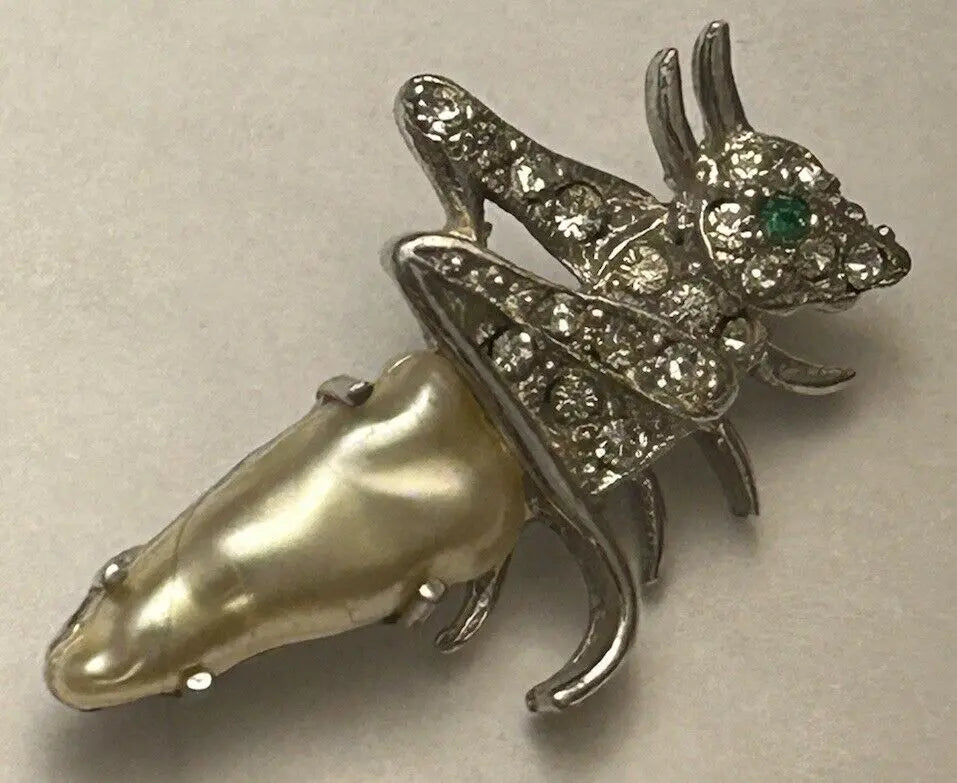 RARE Vintage Crown Trifari Pearl Belly Grasshopper Cricket Pin Rhinestone Brooch - Vintage Jewelry Collective